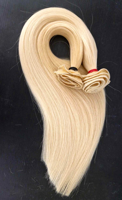 Kazakh human hair extensions, machine wefted, custom coloured